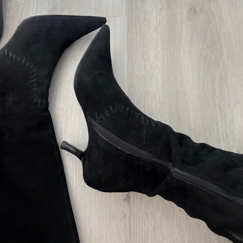 y2k black suede kitten heel pointed toe knee high boots